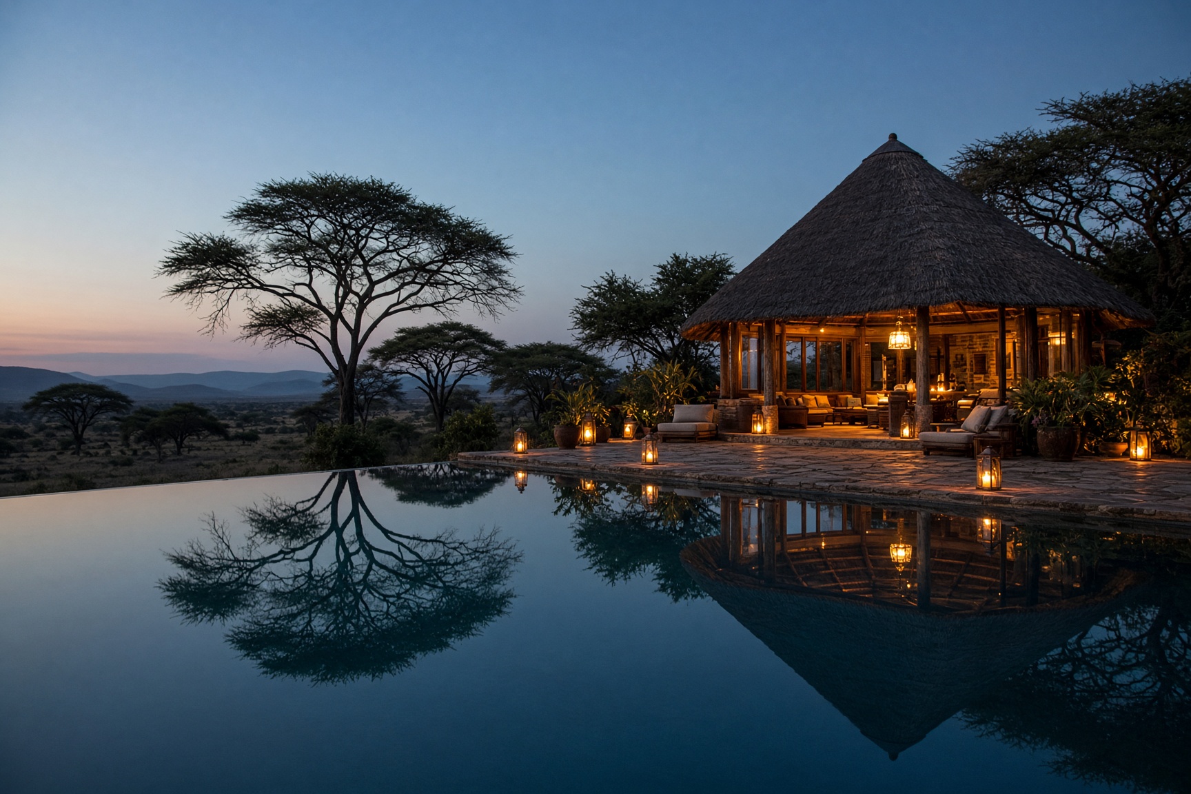 A safari lodge pool at dusk
